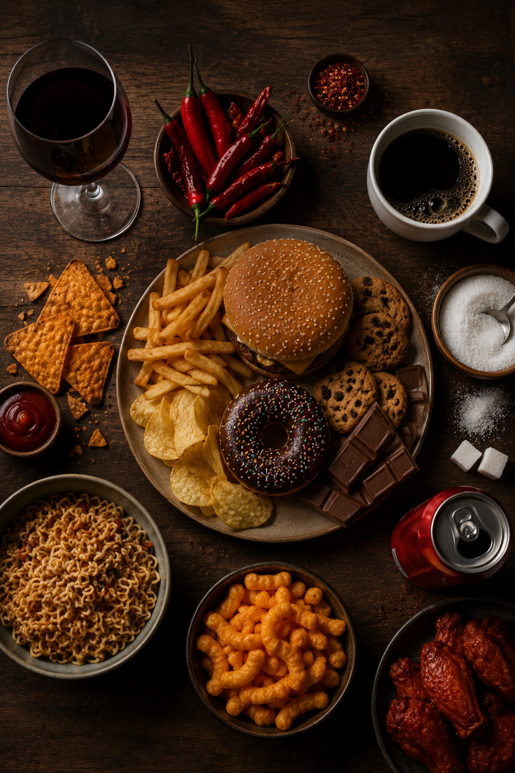 Assiette de malbouffe et aliments inflammatoires — Alimentation à éviter pour les peaux sensibles et rougeurs