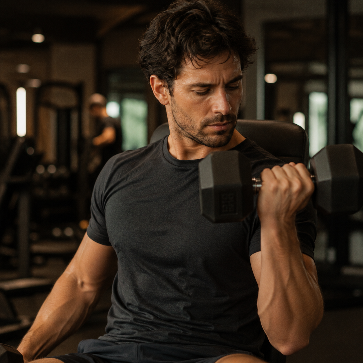 Homme soulevant une haltère — Sport adapté pour limiter les rougeurs et flush sur peaux sensibles