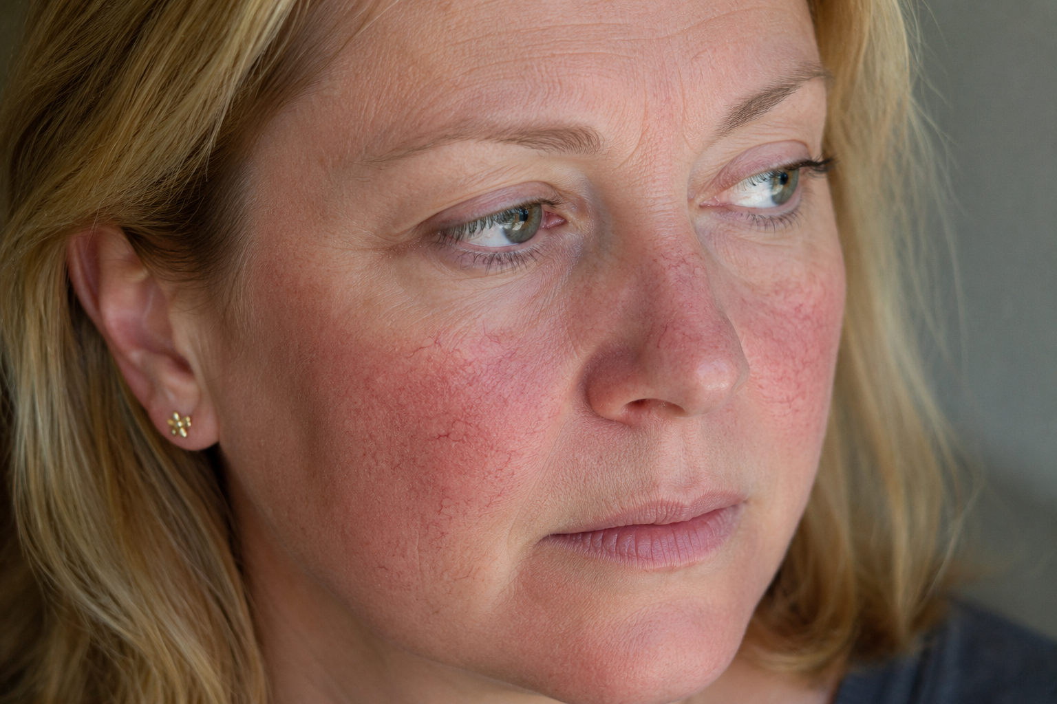 Femme souffrant de couperose — Vaisseaux apparents et rougeurs sur peau sensible