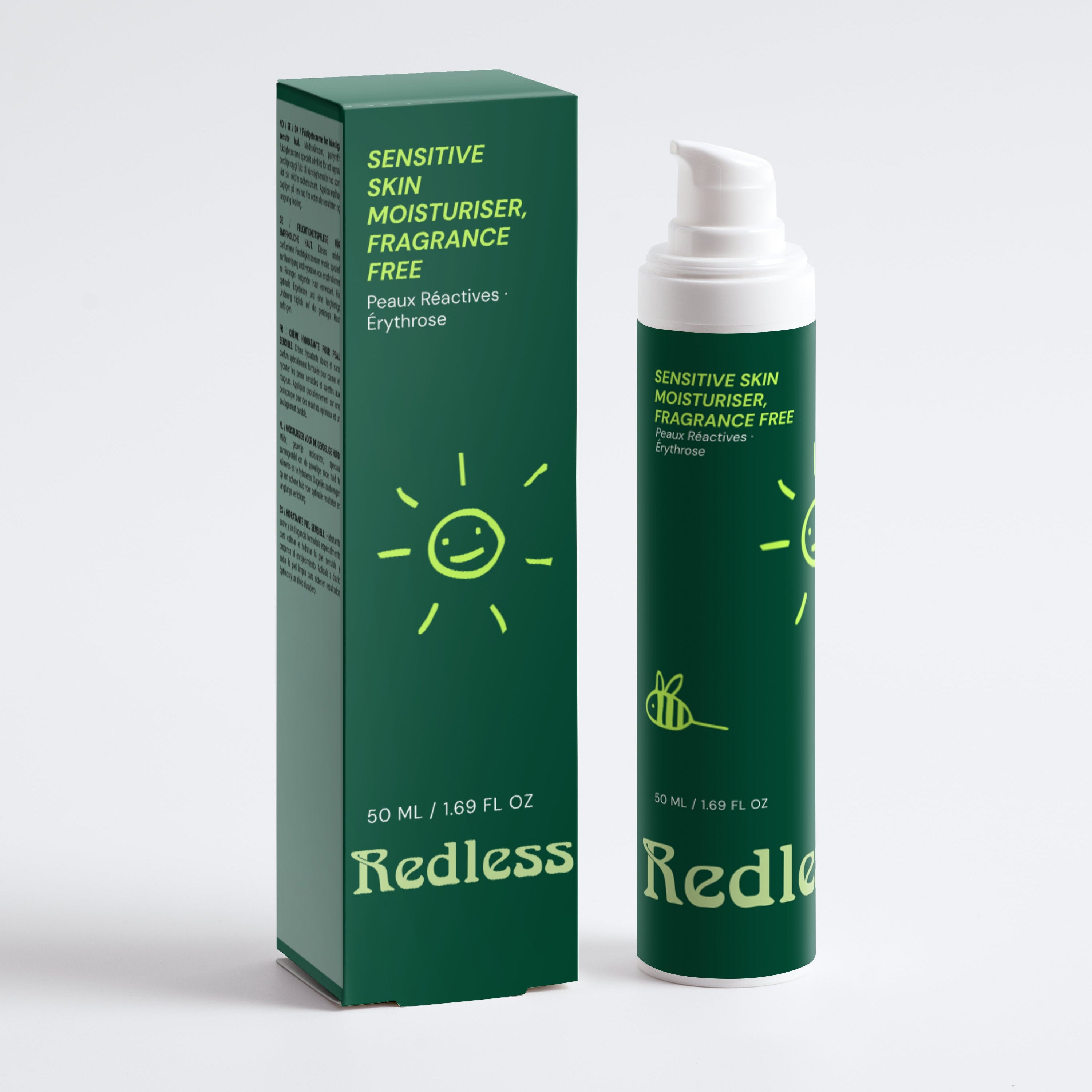 Redless Sensitive Skin Moisturiser — Flacon et boîte de la crème hydratante anti-rougeurs
