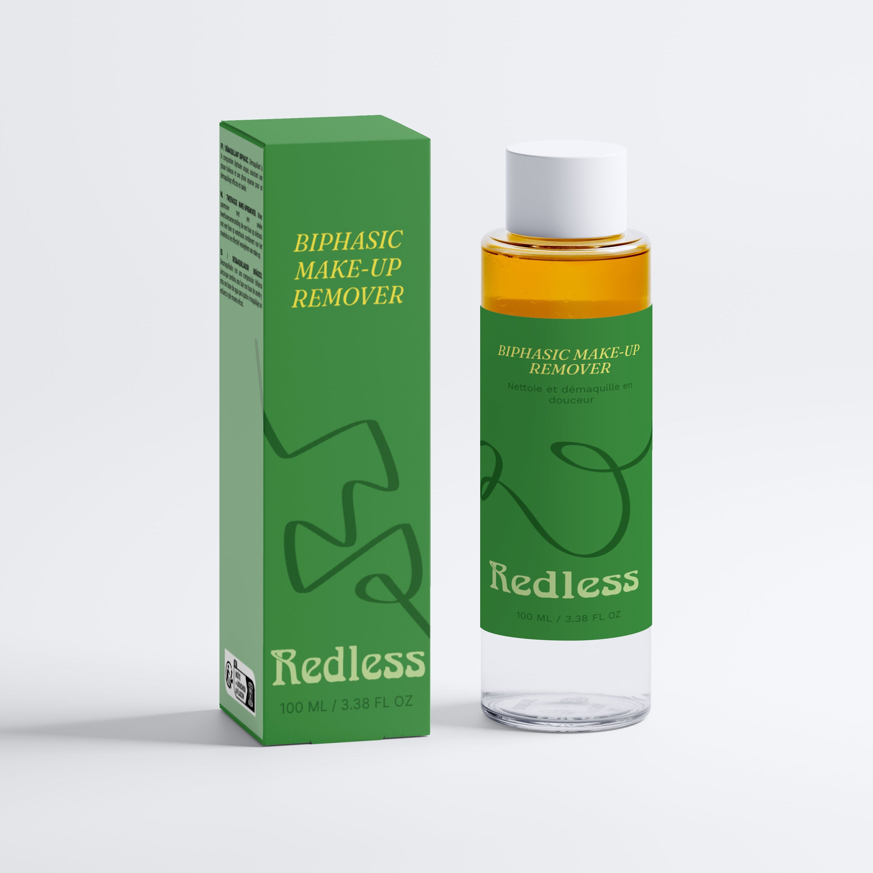 Redless BiPhasic Make-up Remover — Flacon et boîte du démaquillant bi-phasé peaux sensibles
