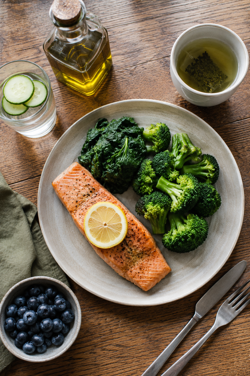 Assiette d'aliments sains et anti-inflammatoires — Alimentation pour réduire les rougeurs cutanées