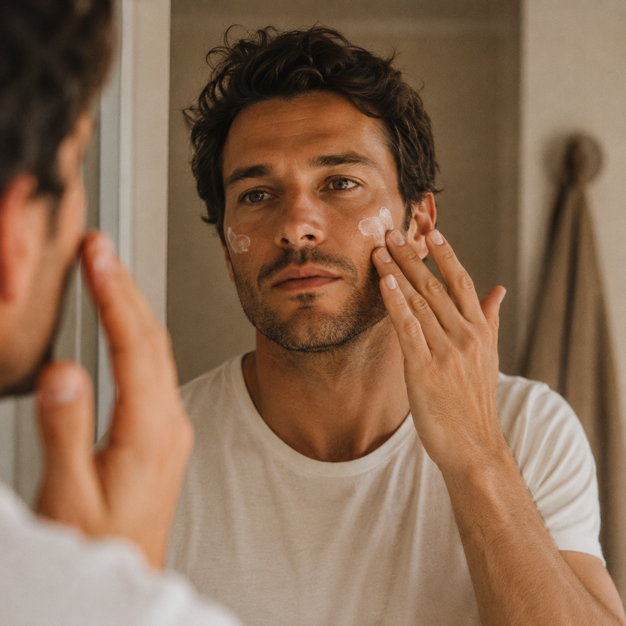 Homme appliquant sa crème devant le miroir — Routine matin anti-rougeurs Redless peaux sensibles