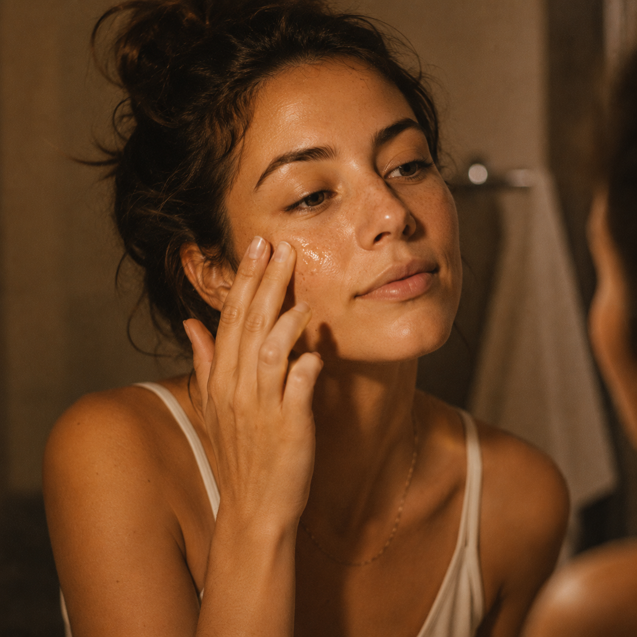 Femme appliquant son sérum devant le miroir — Routine soir anti-rougeurs Redless peaux réactives