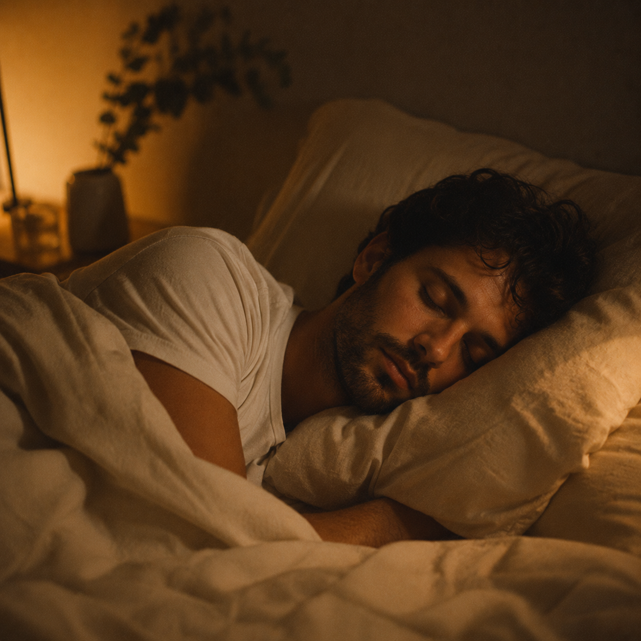 Homme dormant paisiblement — Sommeil réparateur essentiel pour apaiser les rougeurs et peaux sensibles