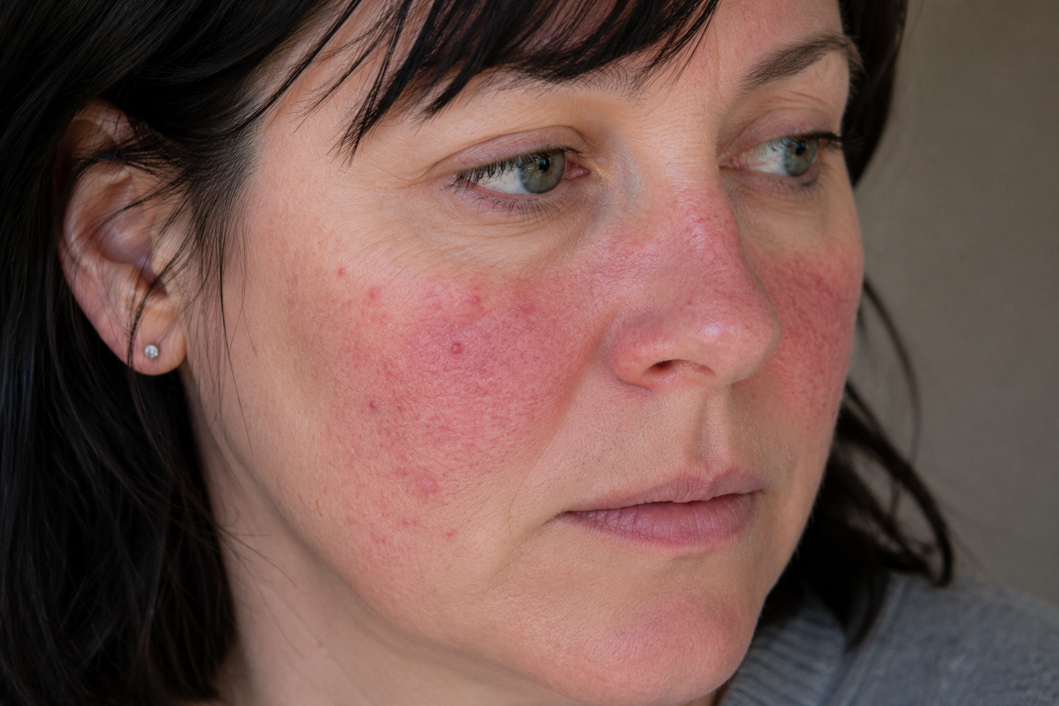 Femme souffrant de rosacée — Rougeurs persistantes et inflammations peau réactive